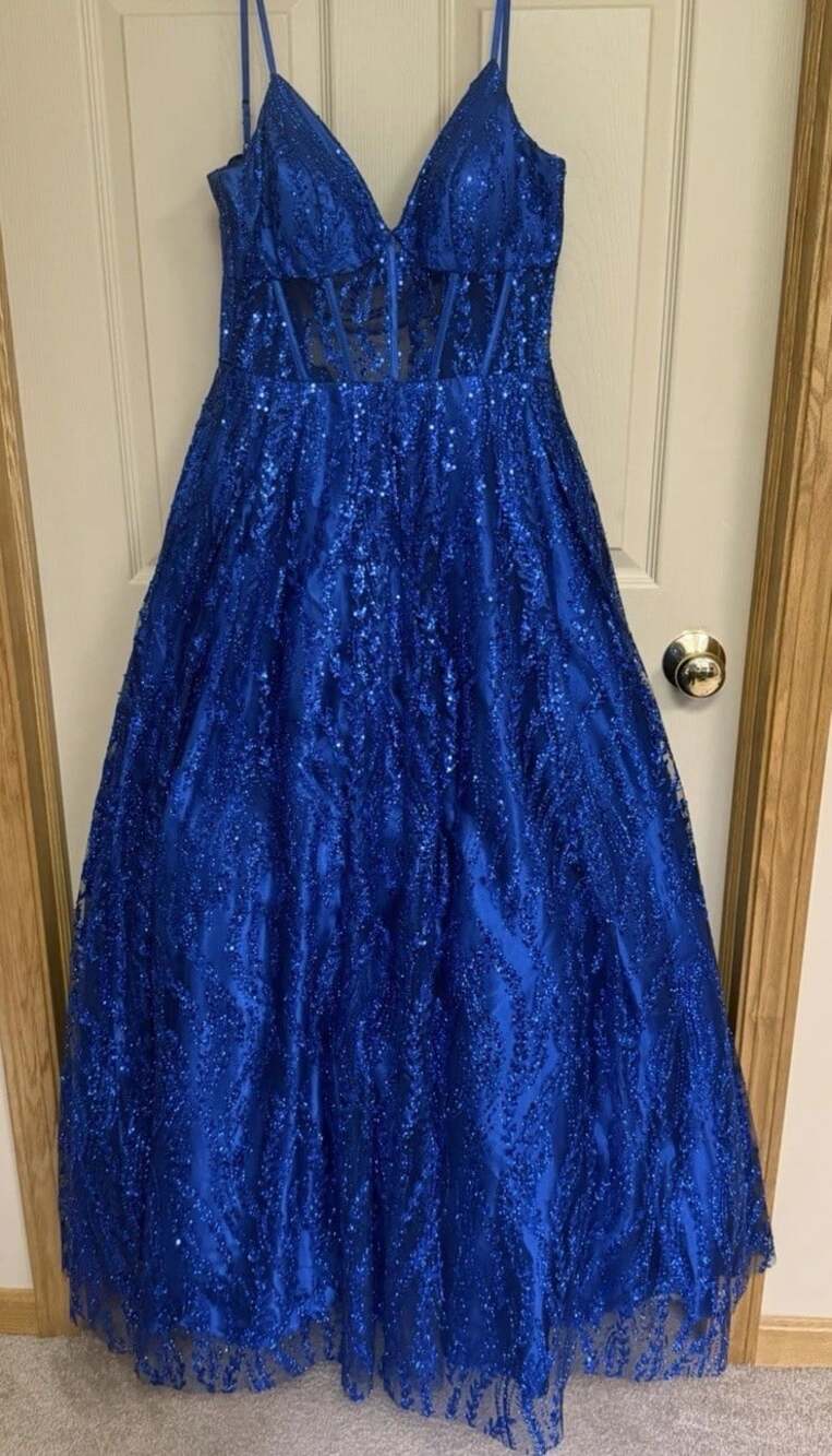 Blondie Nites Jr Size 5 Royal Blue Glitter-Mesh Corset Lace-Up Dress Pockets